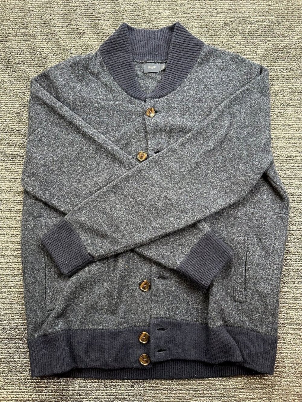 J.Crew Mens Lambswool Button Cardigan Sweater Gray Navy Bomber Style